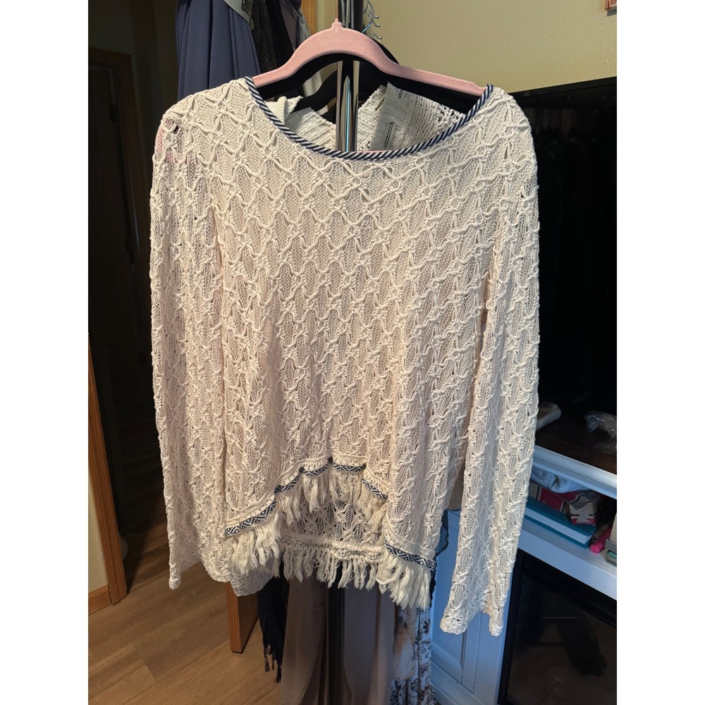 BKE Boutique Cream Open Knit Crochet Henley Fringe Sweater Top Large
